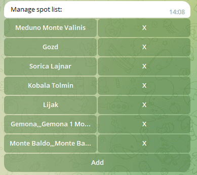 CanFlyBot — /managespots screen (Russian UI)