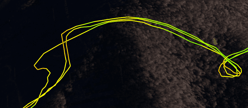 GPS traces compared — three F1 units on the same flight