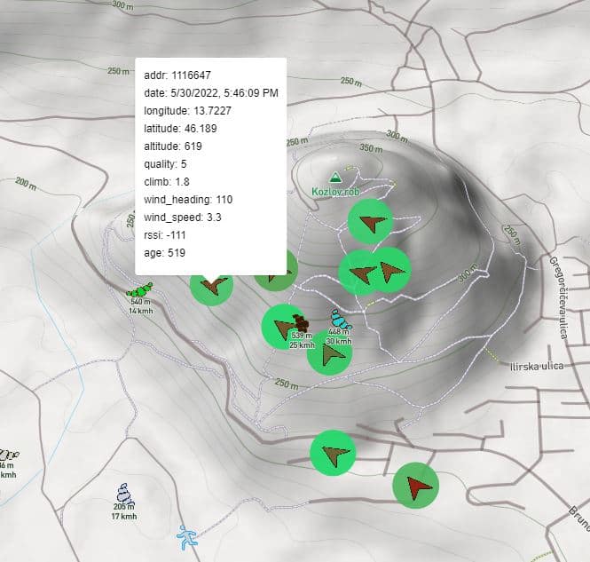 Thermals layer on flybeeper.com/map rendered from FANET history