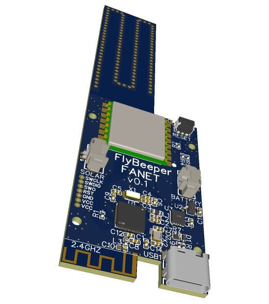 FlyBeeper FANET — PCB 3D render