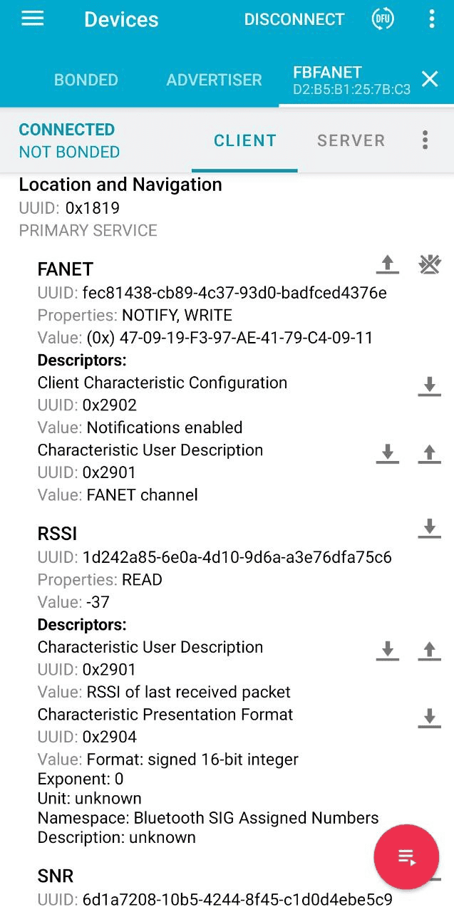 nRF Connect — radio configuration service exposed by FlyBeeper FANET (Russian UI)