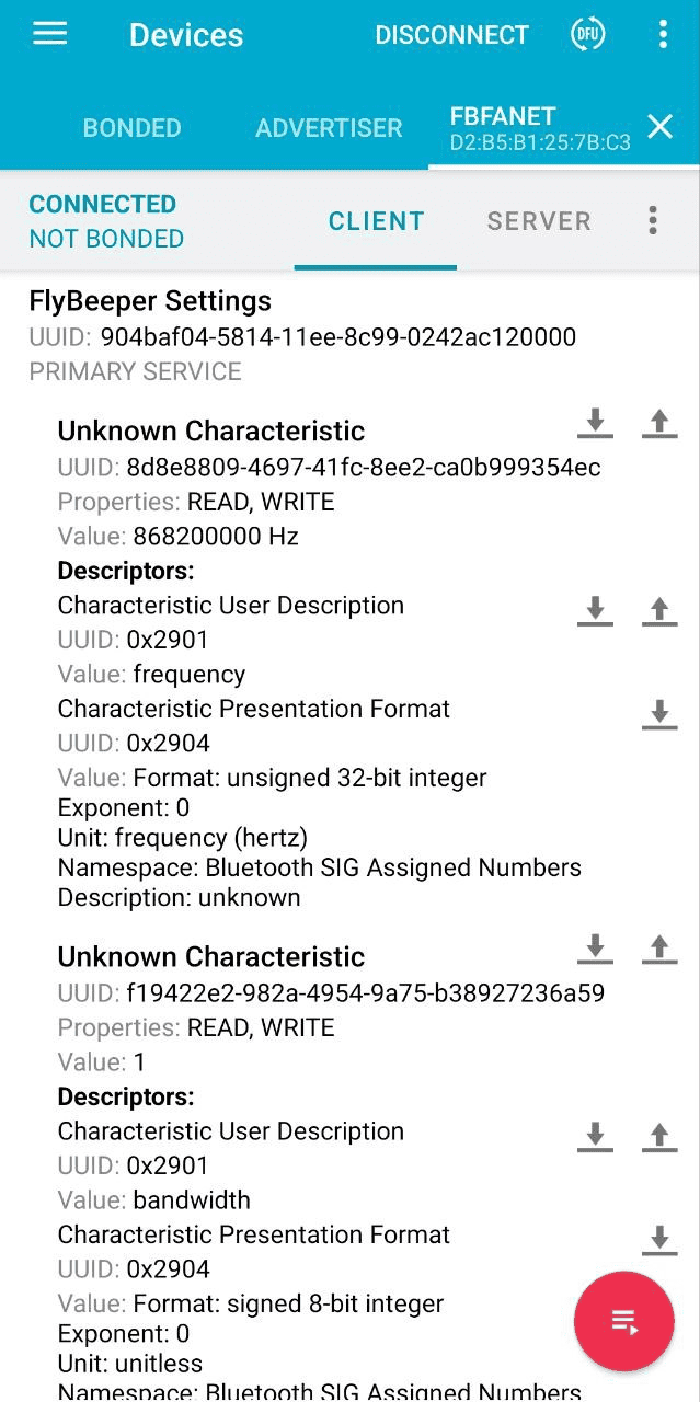 nRF Connect — writing a FANET packet to the base characteristic (Russian UI)