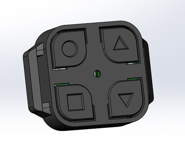 Enclosure front view with four corner buttons and the central LED hole