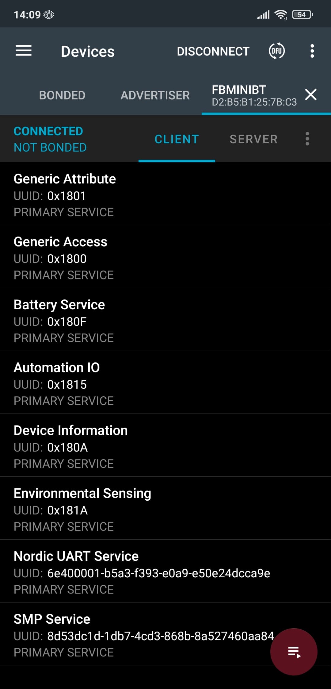 nRF Connect — Environmental Sensing service on FBminiBT (Russian UI)
