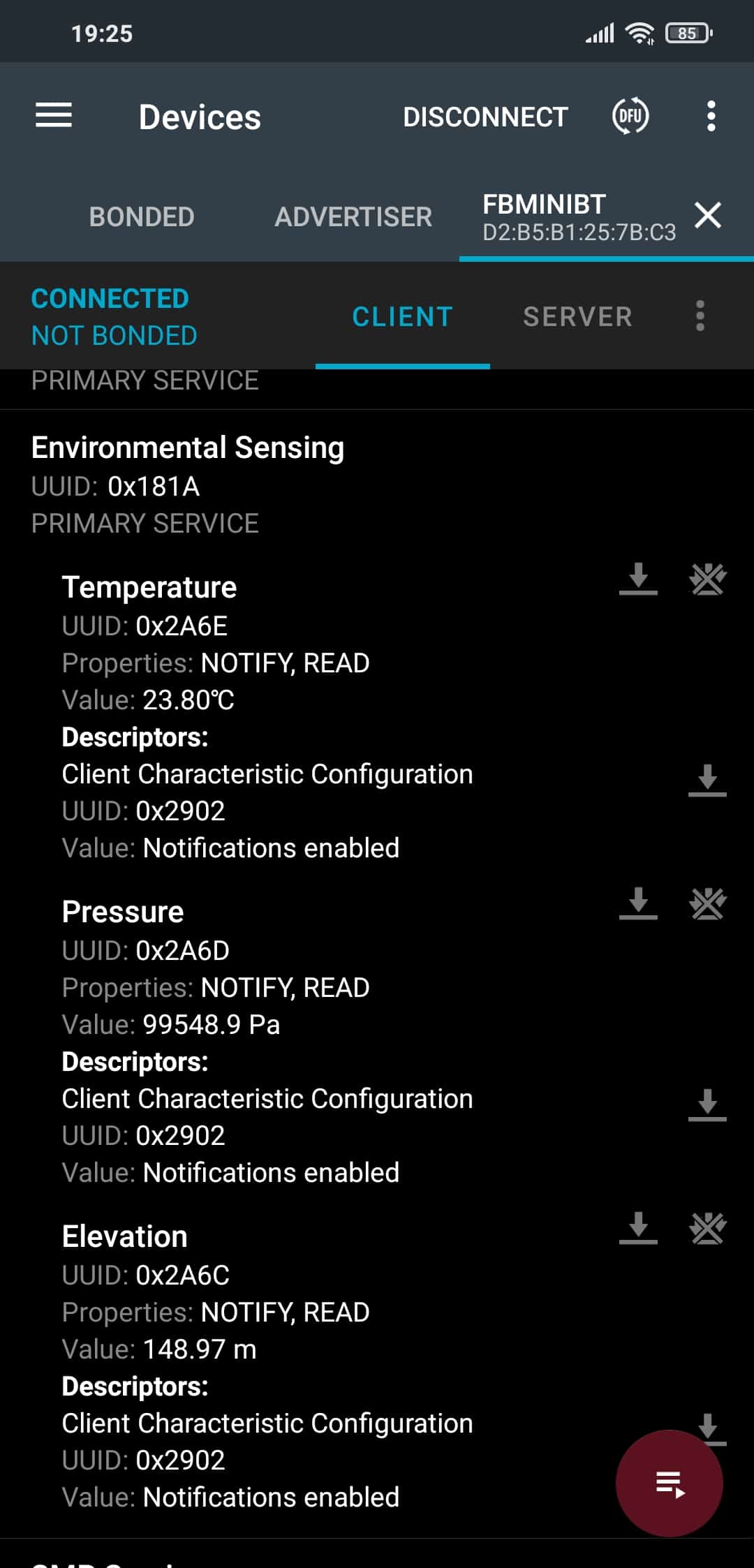 nRF Connect — live pressure notifications from FBminiBT