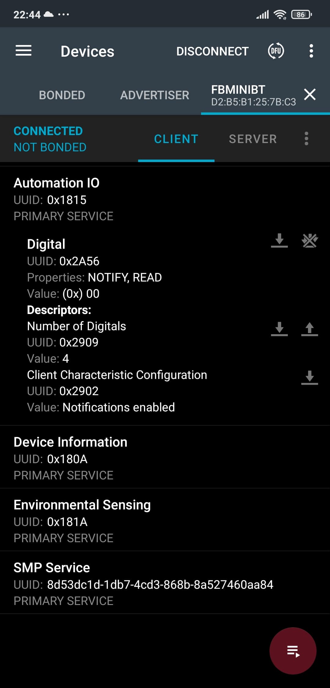 nRF Connect — Automation IO Service reporting the button bitmask