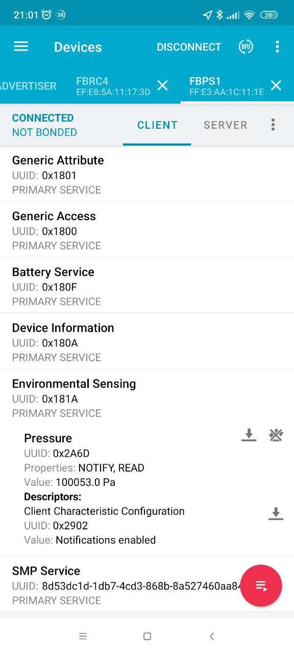 Pressure notifications stream on the Web Bluetooth demo