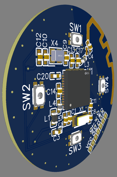 FlyBeeper RC4 — PCB top view with nRF52 and four tactile buttons