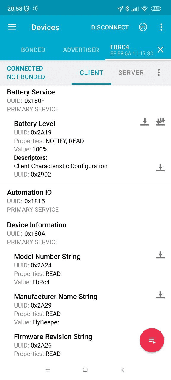 nRF Connect — Automation IO Service bitmask from FlyBeeper RC4 (Russian UI)