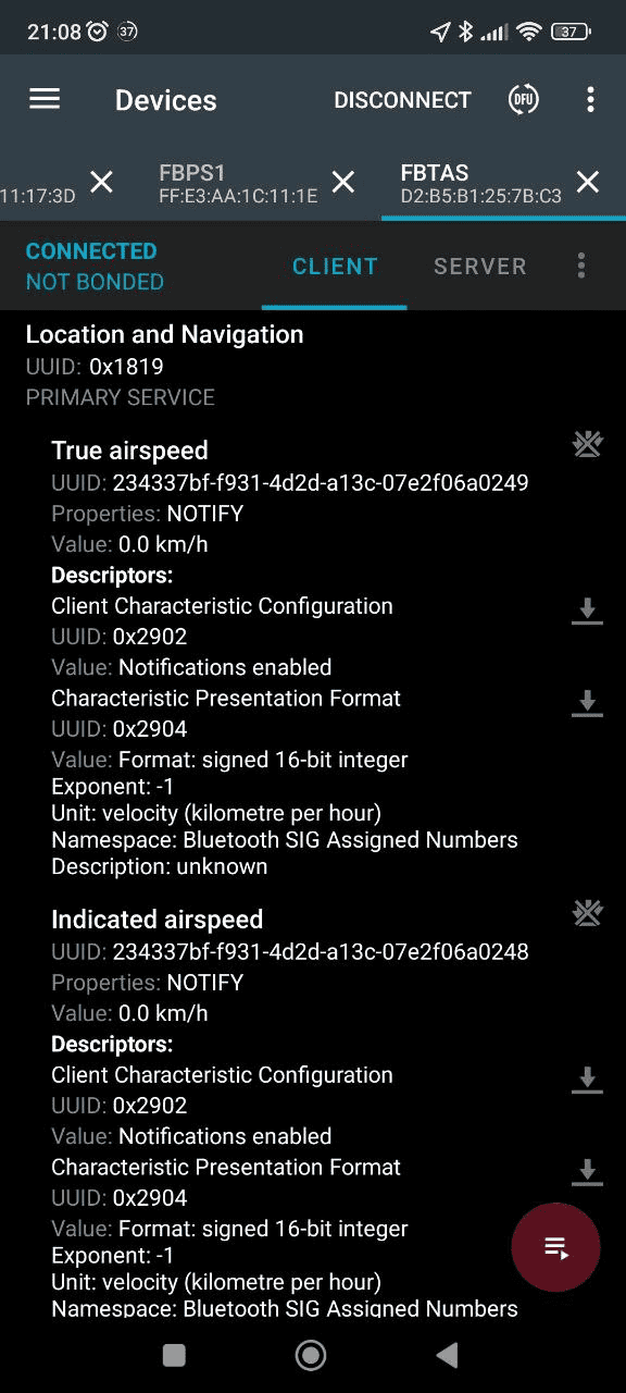 nRF Connect — Location and Navigation service exposing the TAS characteristic (Russian UI)