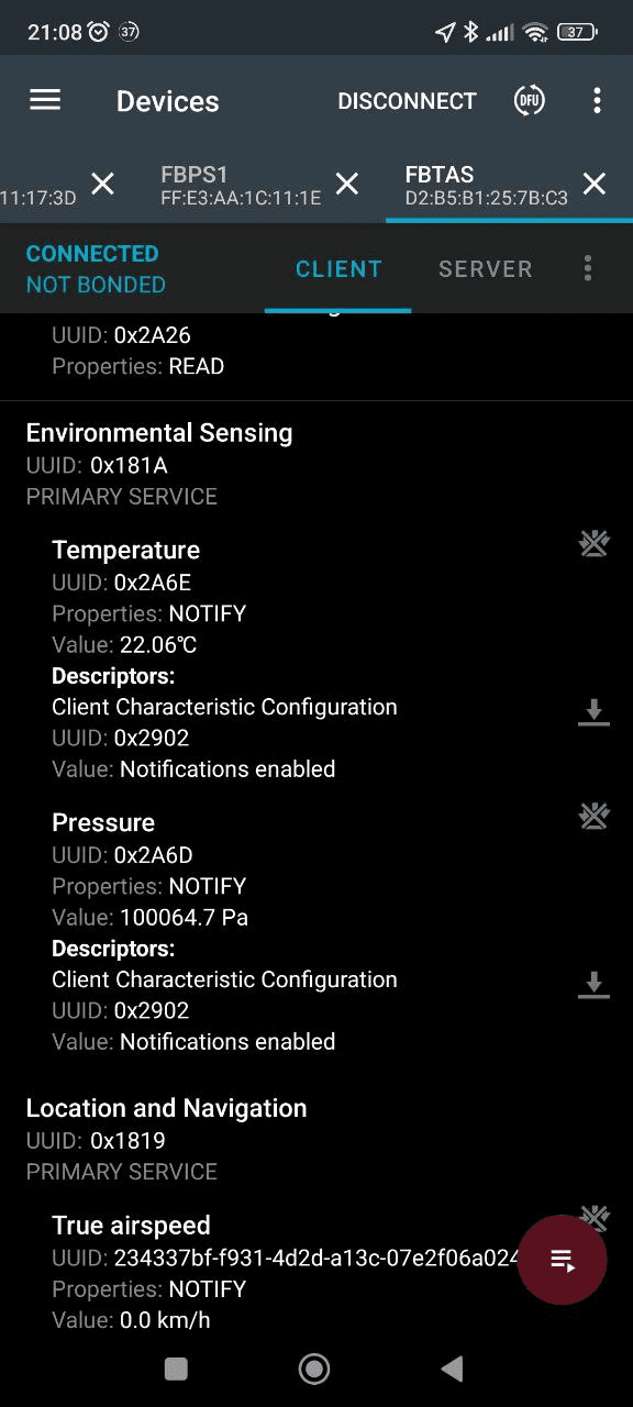 nRF Connect — TAS characteristic notifications