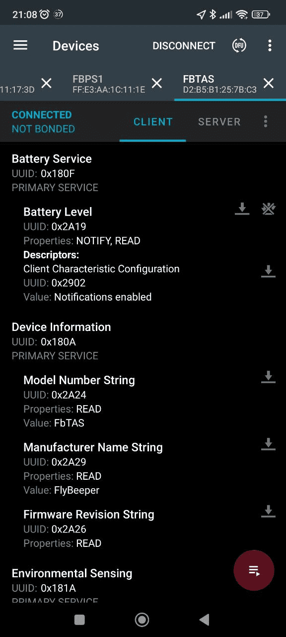 nRF Connect — Environmental Sensing service for static pressure and temperature