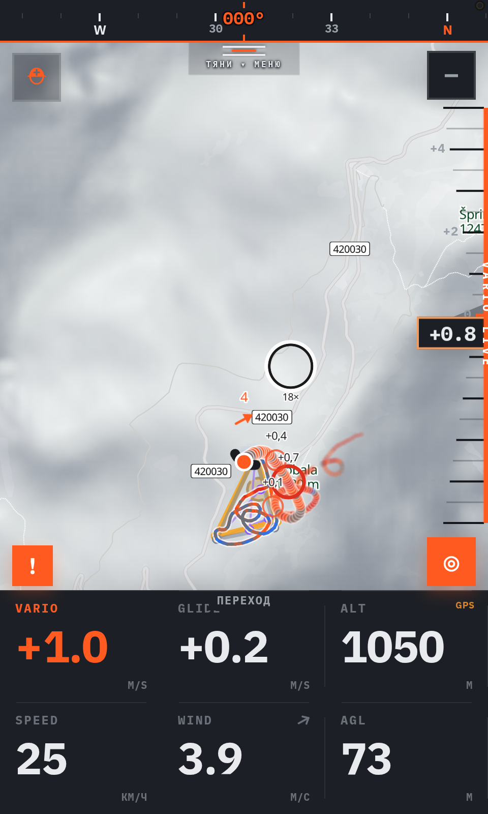 The FlyBeeper app during the Kobarid replay: the black ring is the core at your height, rebuilt from 18 pilots heard over the radio